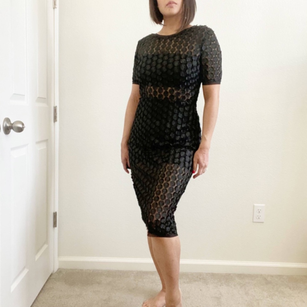 Alexis Mesh Insert Black Sheath Dress with Fringe Polka Dots Sheer S